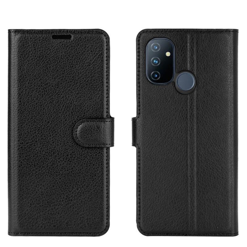 Leren Hoesje OnePlus Nord N100 Wit Zwart Klassiek Lychee-Effect