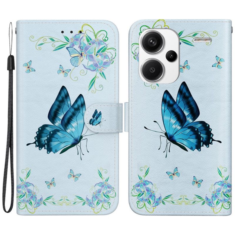 Leren Hoesje Voor Xiaomi Redmi Note 13 Pro Plus 5g Blauwe Vlinder En Bloemen