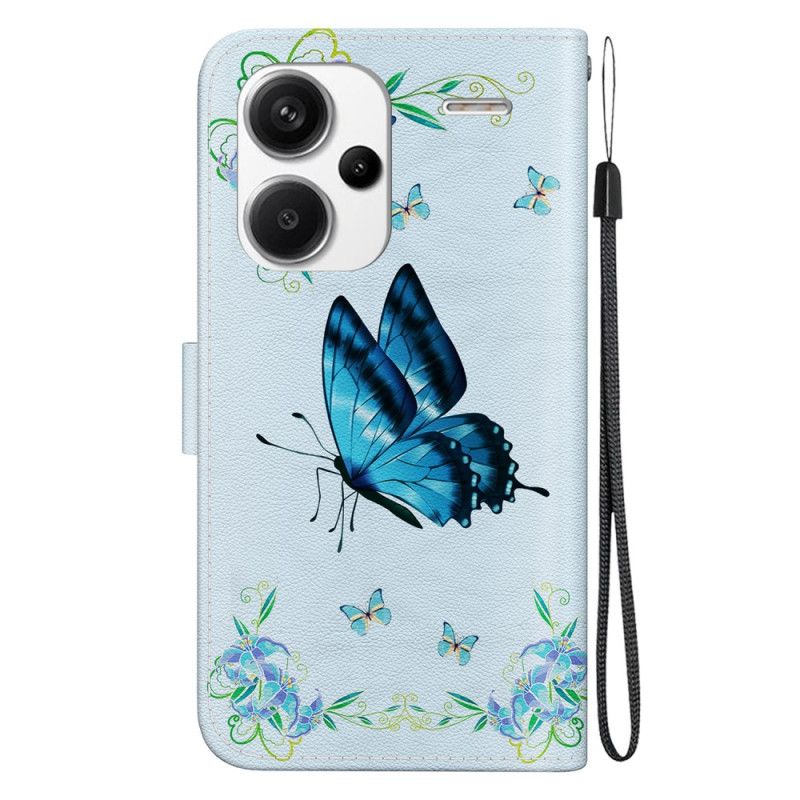 Leren Hoesje Voor Xiaomi Redmi Note 13 Pro Plus 5g Blauwe Vlinder En Bloemen