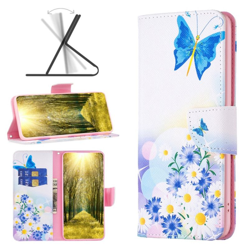 Leren Hoesje Voor Xiaomi Redmi Note 13 Pro Plus 5g Vlinders En Bloemen Aquarel