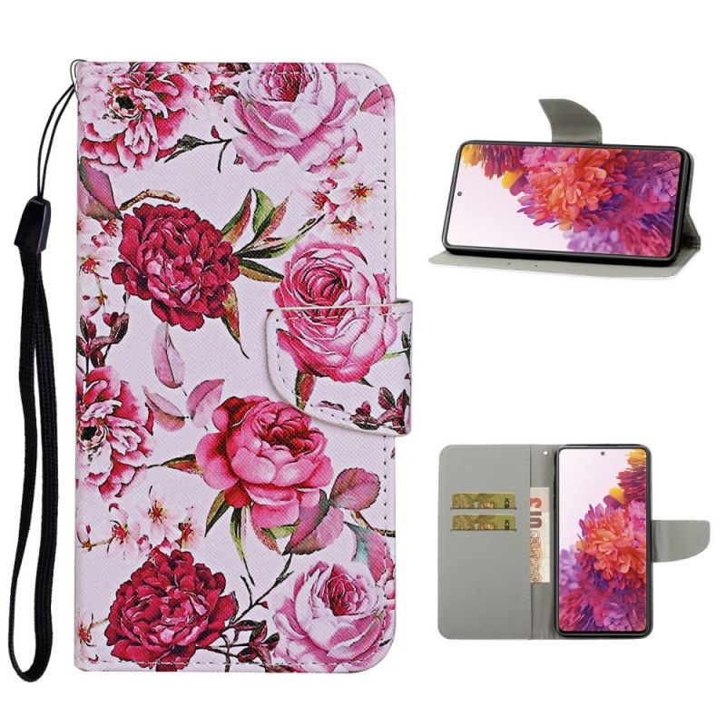 Flip Case Leren Samsung Galaxy S20 FE Lichtpaars Magenta Meesterlijke Bloemen Met String