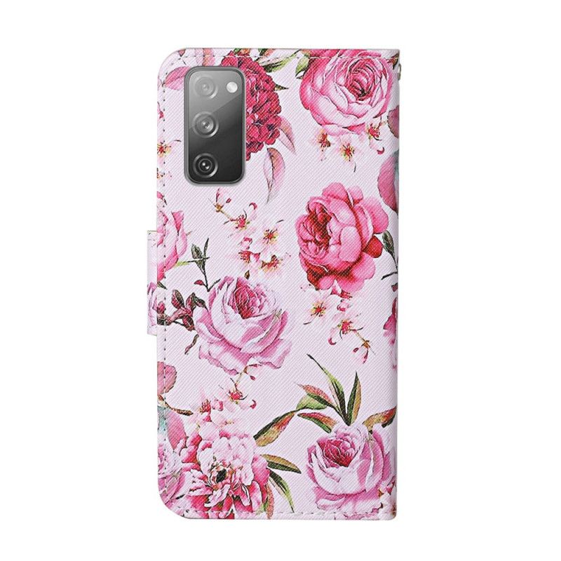 Flip Case Leren Samsung Galaxy S20 FE Lichtpaars Magenta Meesterlijke Bloemen Met String