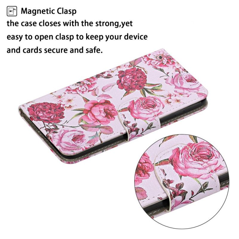 Flip Case Leren Samsung Galaxy S20 FE Lichtpaars Magenta Meesterlijke Bloemen Met String