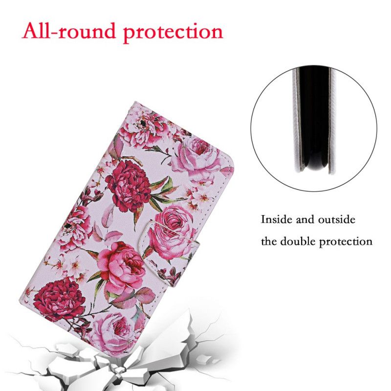 Flip Case Leren Samsung Galaxy S20 FE Lichtpaars Magenta Meesterlijke Bloemen Met String