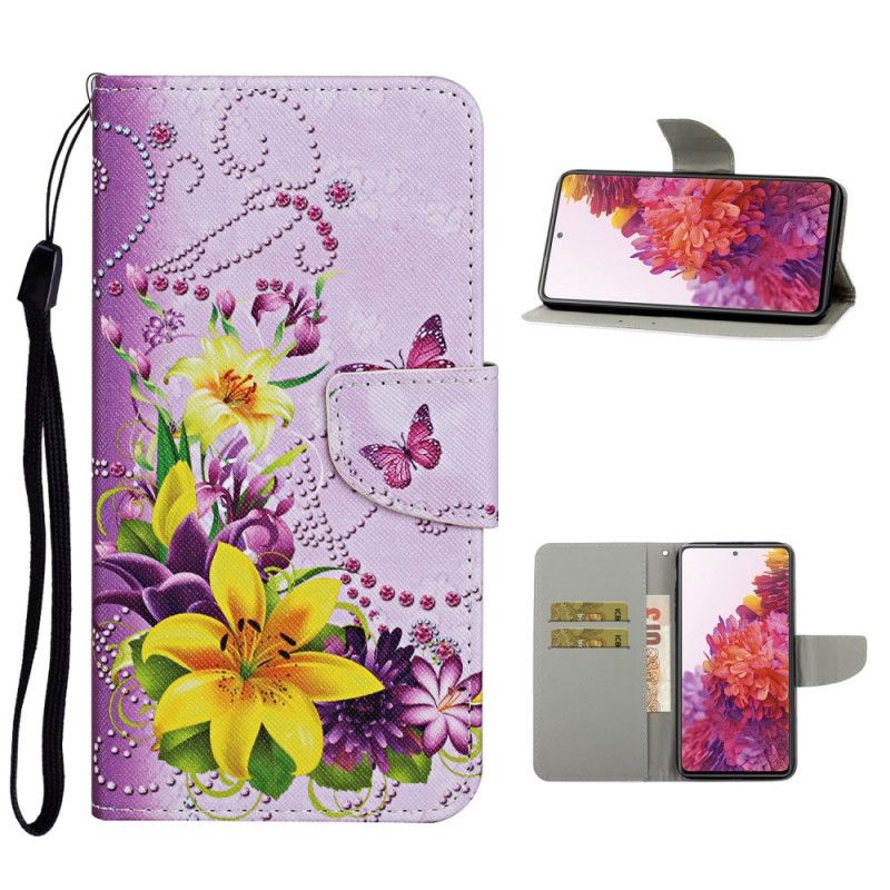 Flip Case Leren Samsung Galaxy S20 FE Lichtpaars Magenta Meesterlijke Bloemen Met String