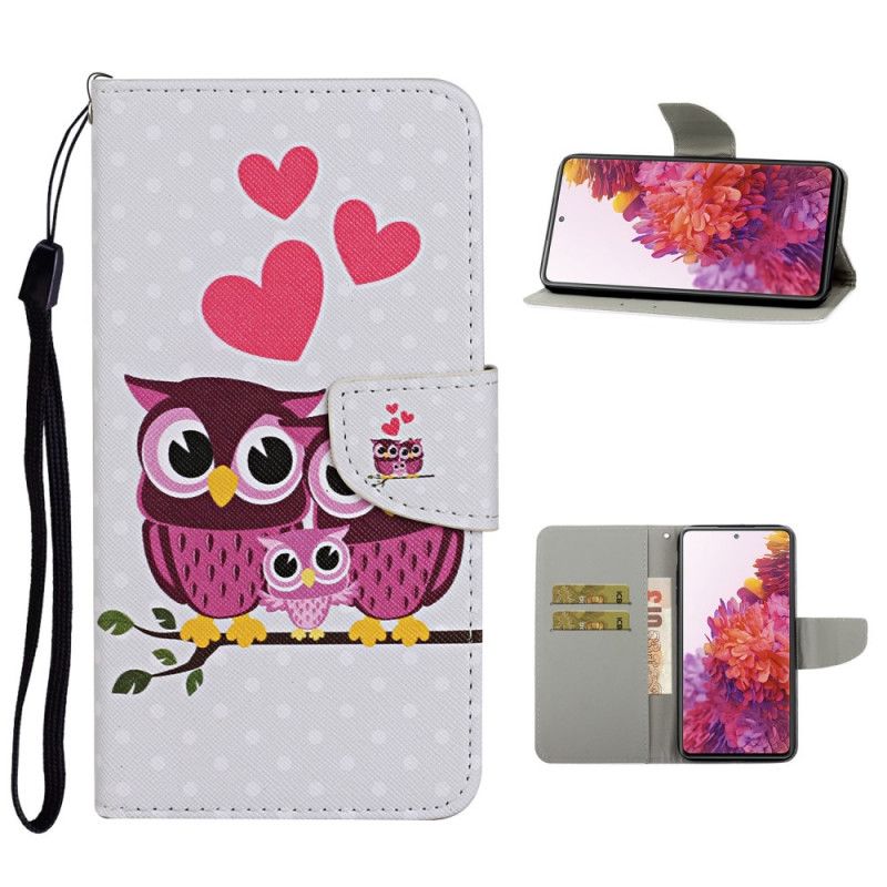 Flip Case Leren Samsung Galaxy S20 FE Uilenfamilie Met String