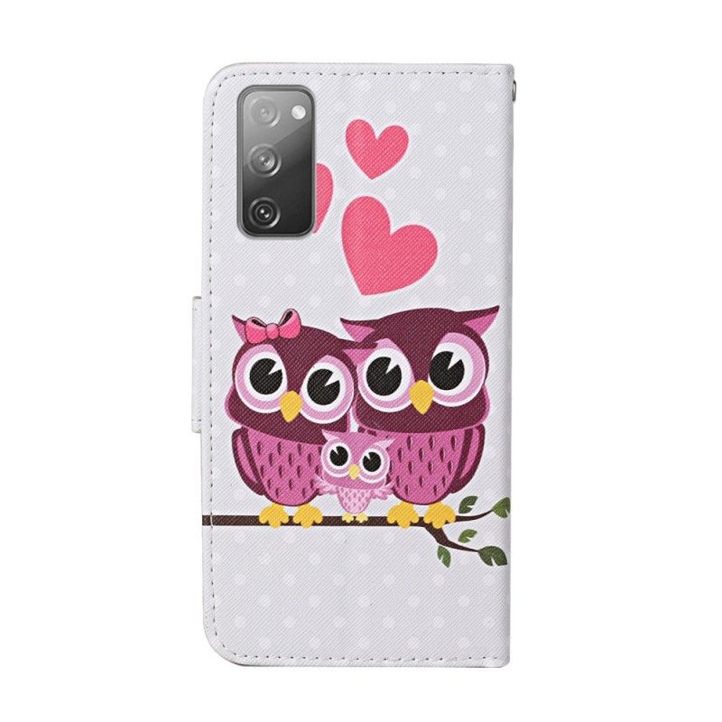 Flip Case Leren Samsung Galaxy S20 FE Uilenfamilie Met String