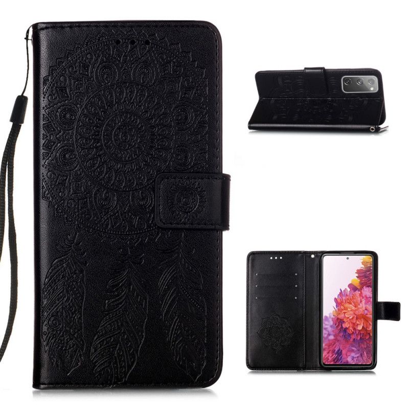 Leren Hoesje Samsung Galaxy S20 FE Grijs Zwart Dromenvanger Print En Riem