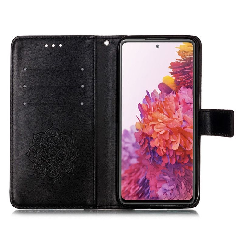 Leren Hoesje Samsung Galaxy S20 FE Grijs Zwart Dromenvanger Print En Riem