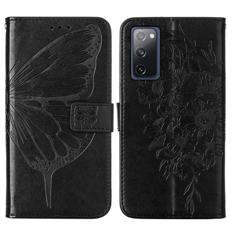 Leren Hoesje Samsung Galaxy S20 FE Grijs Zwart Telefoonhoesje Design Vlinder Met Riempje