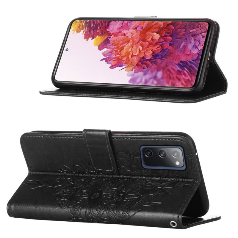 Leren Hoesje Samsung Galaxy S20 FE Grijs Zwart Telefoonhoesje Design Vlinder Met Riempje