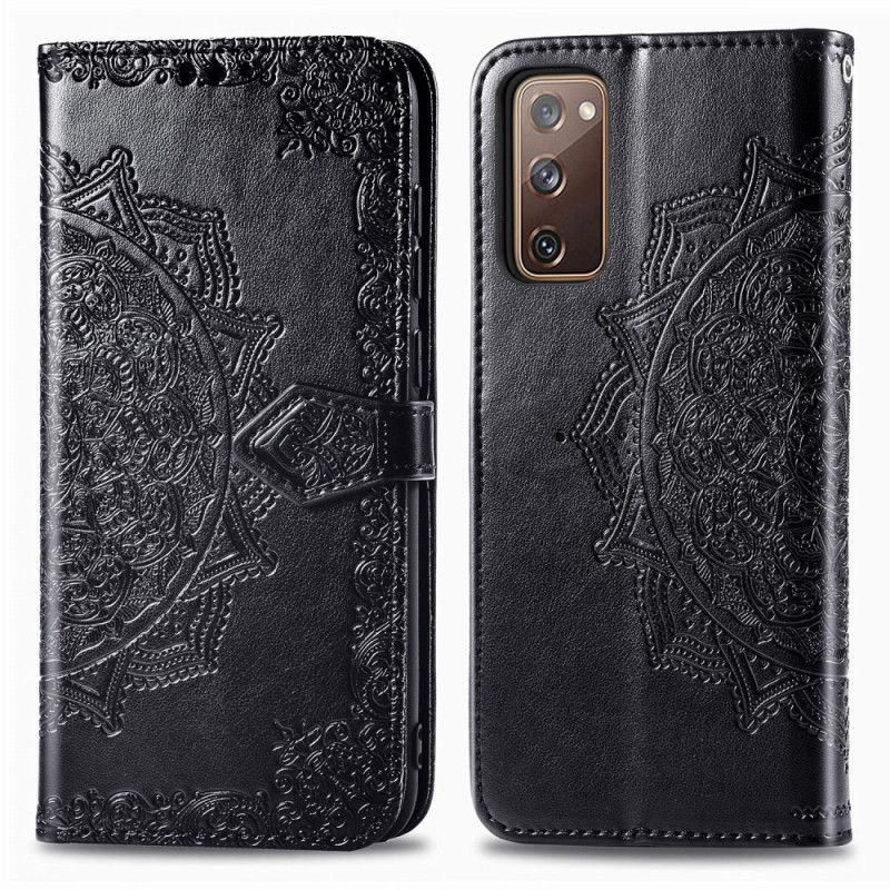 Leren Hoesje Samsung Galaxy S20 FE Grijs Zwart Telefoonhoesje Mandala Van Middelbare Leeftijd