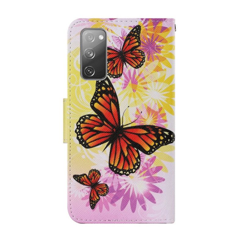 Leren Hoesje Samsung Galaxy S20 FE Lichtblauw Geel Telefoonhoesje Vlinders En Zomerbloemen