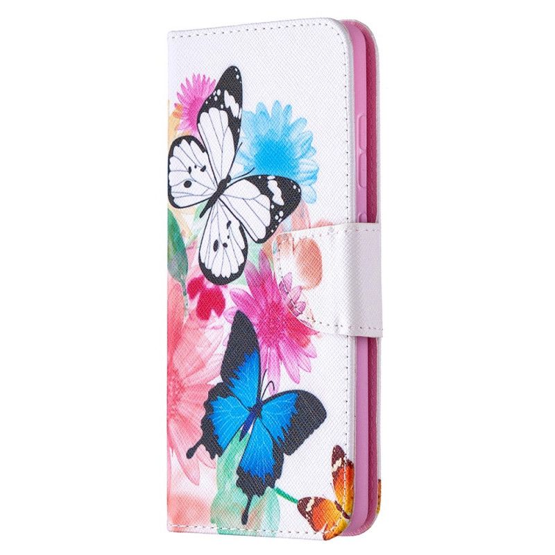 Leren Hoesje Samsung Galaxy S20 FE Lichtblauw Magenta Geschilderde Vlinders En Bloemen