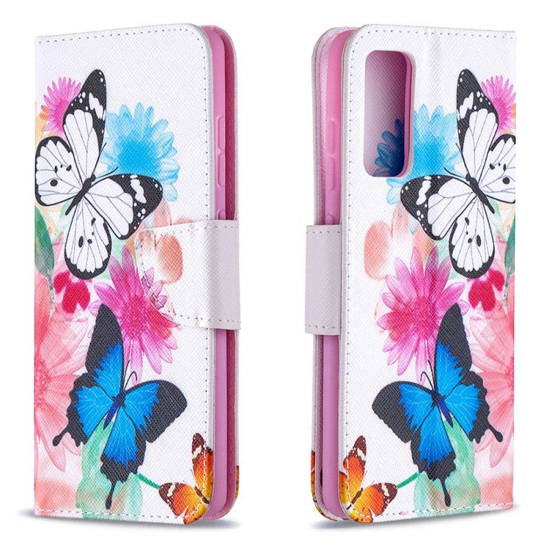 Leren Hoesje Samsung Galaxy S20 FE Lichtblauw Magenta Geschilderde Vlinders En Bloemen