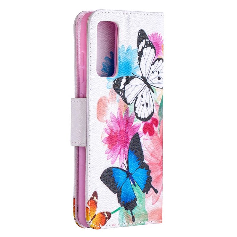 Leren Hoesje Samsung Galaxy S20 FE Lichtblauw Magenta Geschilderde Vlinders En Bloemen