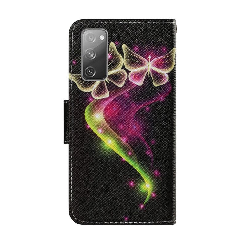 Leren Hoesje Samsung Galaxy S20 FE Lichtblauw Magenta Magische Vlinders