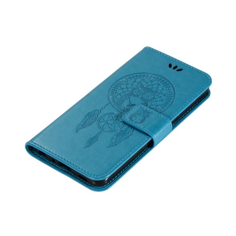 Leren Hoesje Samsung Galaxy S20 FE Paars Lichtblauw Telefoonhoesje Uil Dromenvanger Met Leereffect