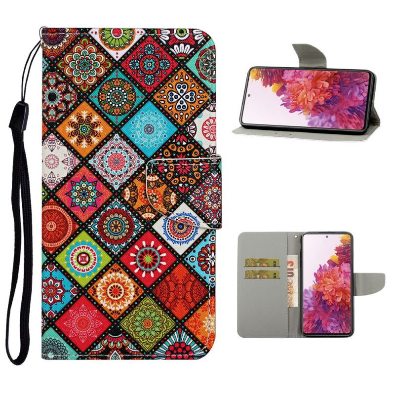 Leren Hoesje Samsung Galaxy S20 FE Patchwork Mandala'S Met String