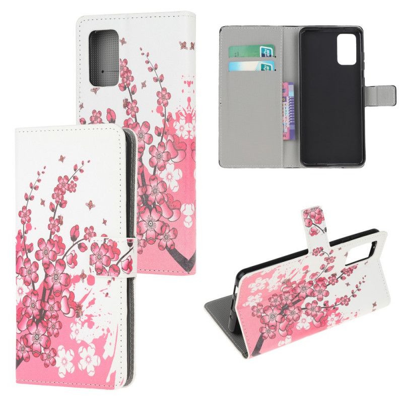 Leren Hoesje Samsung Galaxy S20 FE Roze Magenta Tropische Bloemen