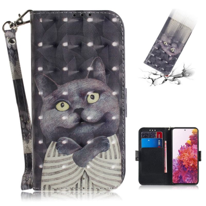 Leren Hoesje Samsung Galaxy S20 FE Telefoonhoesje Grijze Kat Met String