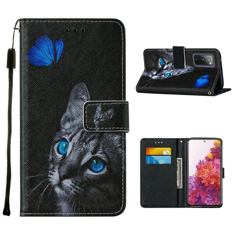 Leren Hoesje Samsung Galaxy S20 FE Telefoonhoesje Kat En Blauwe Vlinder