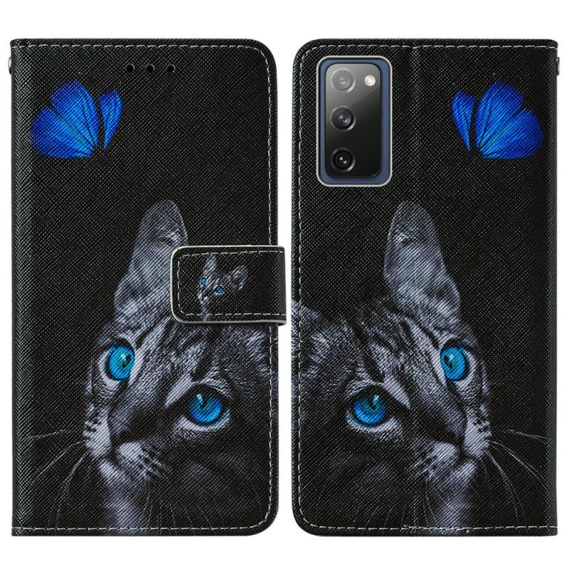 Leren Hoesje Samsung Galaxy S20 FE Telefoonhoesje Kat En Blauwe Vlinder