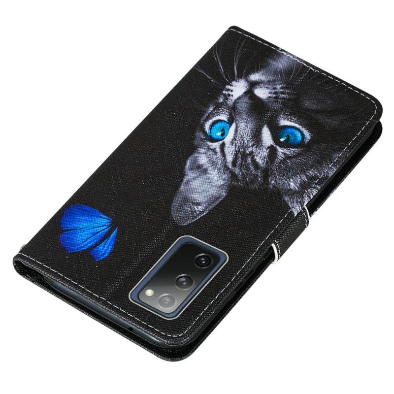 Leren Hoesje Samsung Galaxy S20 FE Telefoonhoesje Kat En Blauwe Vlinder