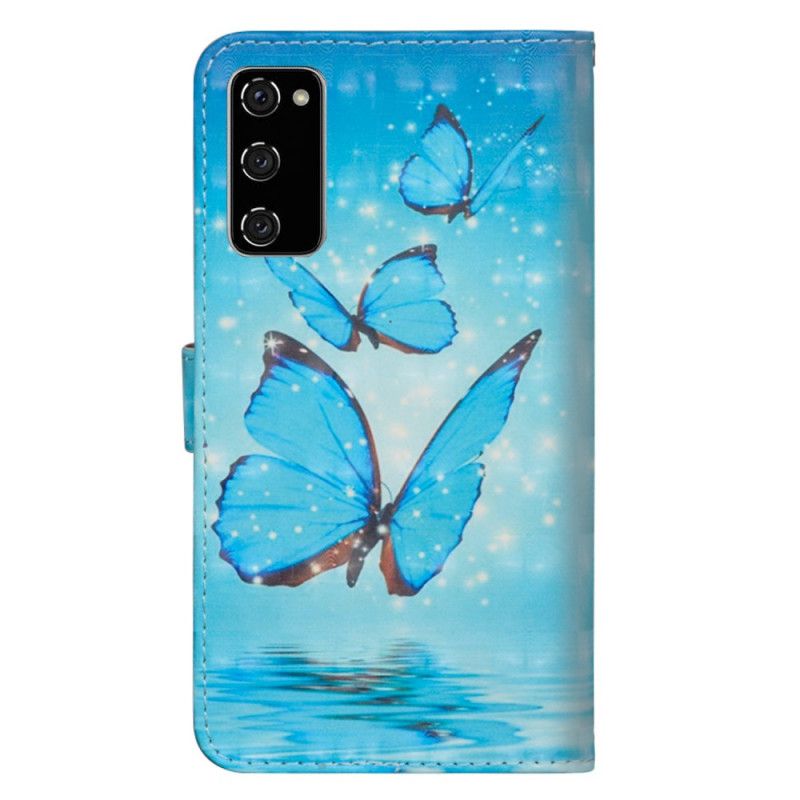 Leren Hoesje Samsung Galaxy S20 FE Vliegende Blauwe Vlinders