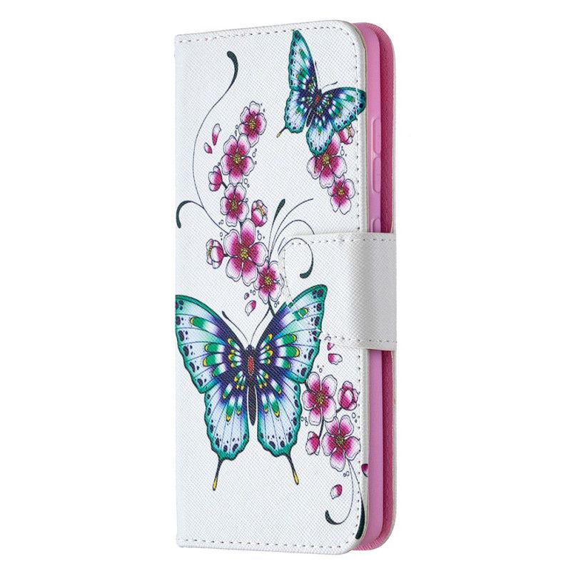 Leren Hoesje voor Samsung Galaxy S20 FE Donkerblauw Magenta Prachtige Vlinders