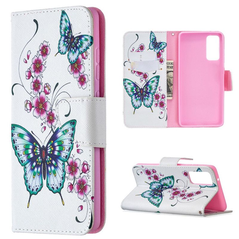 Leren Hoesje voor Samsung Galaxy S20 FE Donkerblauw Magenta Prachtige Vlinders