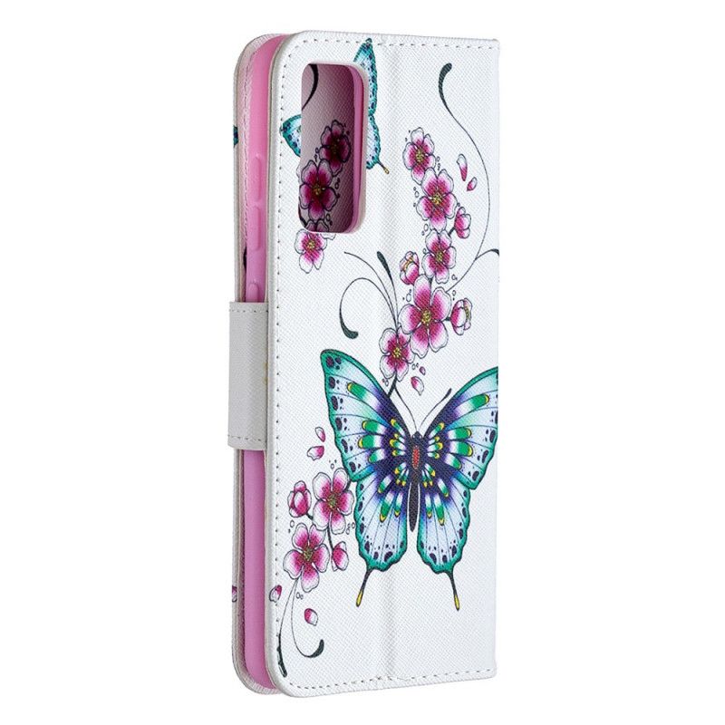 Leren Hoesje voor Samsung Galaxy S20 FE Donkerblauw Magenta Prachtige Vlinders