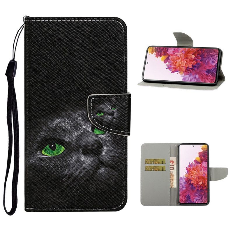 Leren Hoesje voor Samsung Galaxy S20 FE Kat Met Groene Ogen Met String