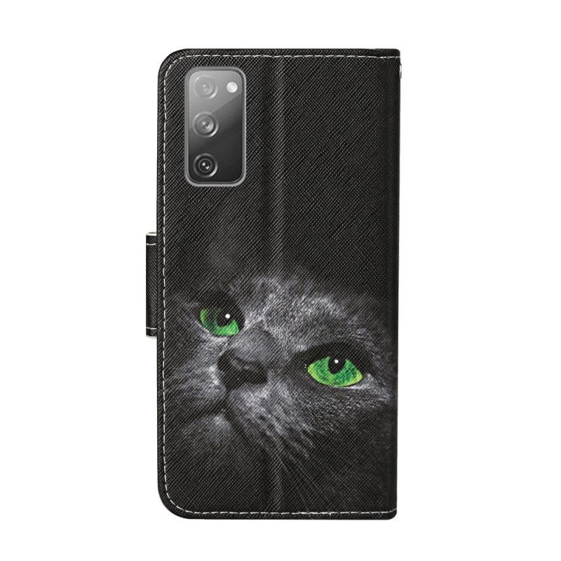 Leren Hoesje voor Samsung Galaxy S20 FE Kat Met Groene Ogen Met String