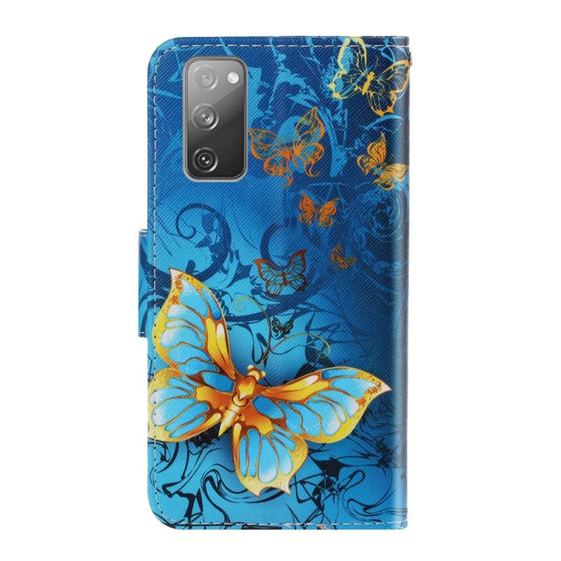 Leren Hoesje voor Samsung Galaxy S20 FE Lichtblauw Zwart Vlindervariaties Met String