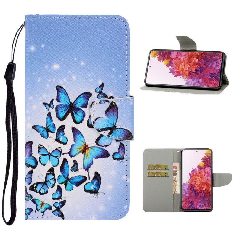 Leren Hoesje voor Samsung Galaxy S20 FE Lichtblauw Zwart Vlindervariaties Met String