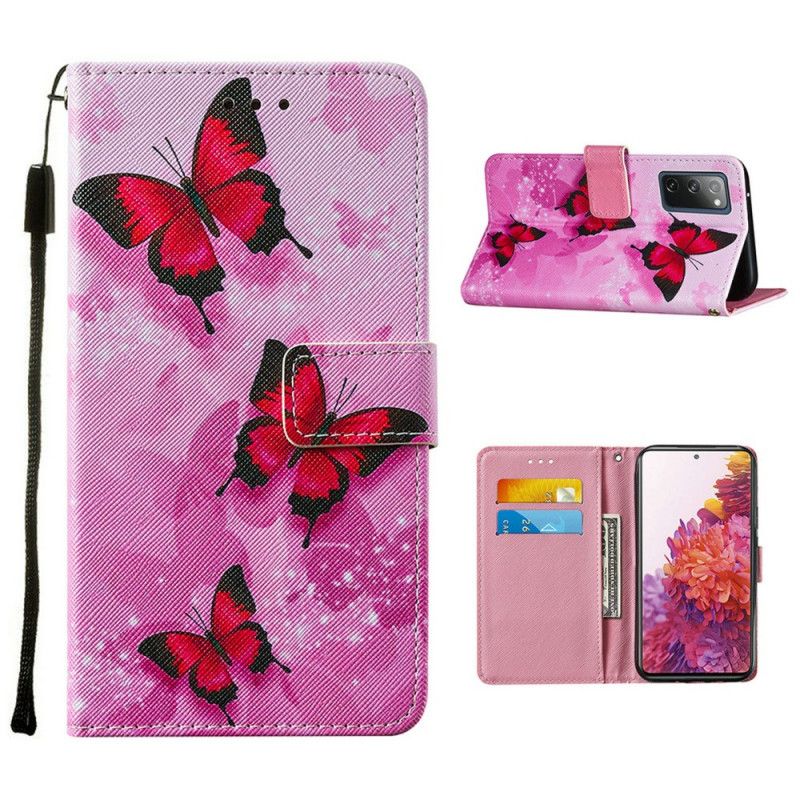 Leren Hoesje voor Samsung Galaxy S20 FE Paars Magenta Vlinders Van Imitatieleer Met Textuur