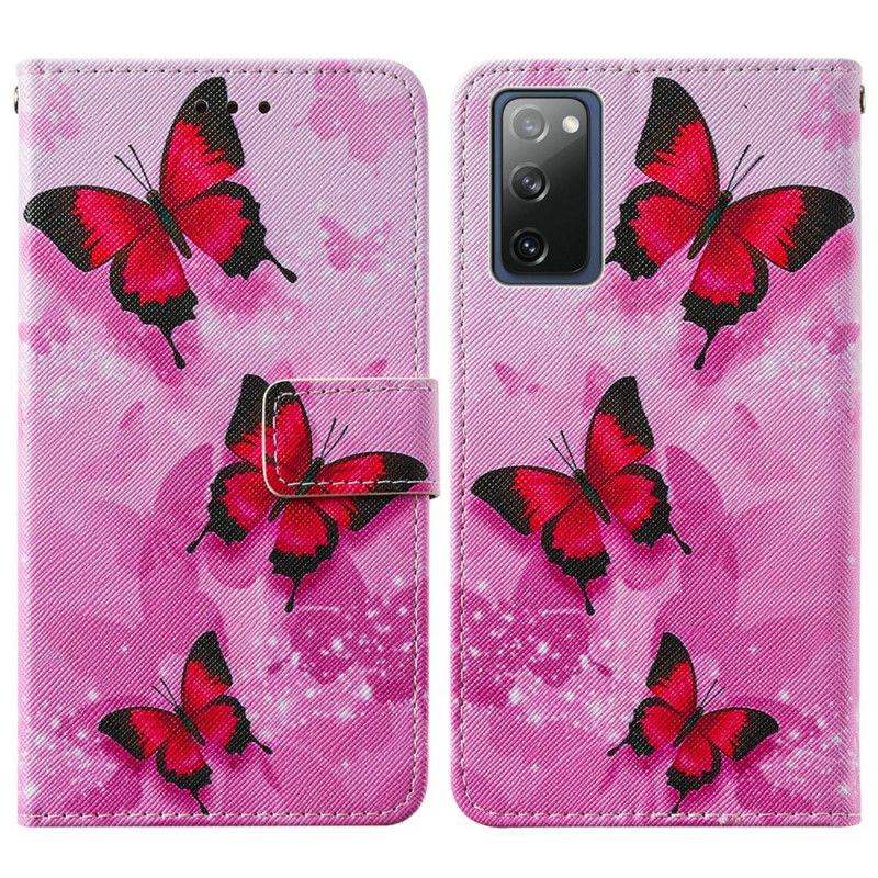 Leren Hoesje voor Samsung Galaxy S20 FE Paars Magenta Vlinders Van Imitatieleer Met Textuur