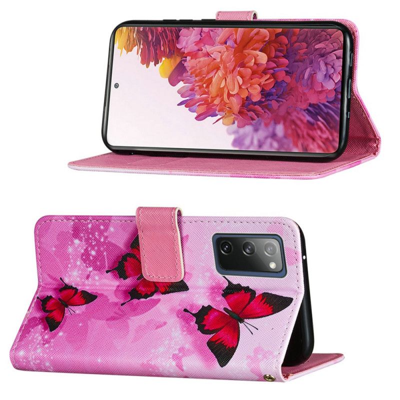 Leren Hoesje voor Samsung Galaxy S20 FE Paars Magenta Vlinders Van Imitatieleer Met Textuur