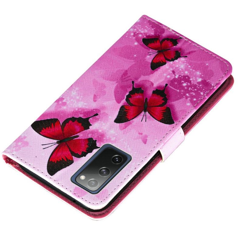 Leren Hoesje voor Samsung Galaxy S20 FE Paars Magenta Vlinders Van Imitatieleer Met Textuur