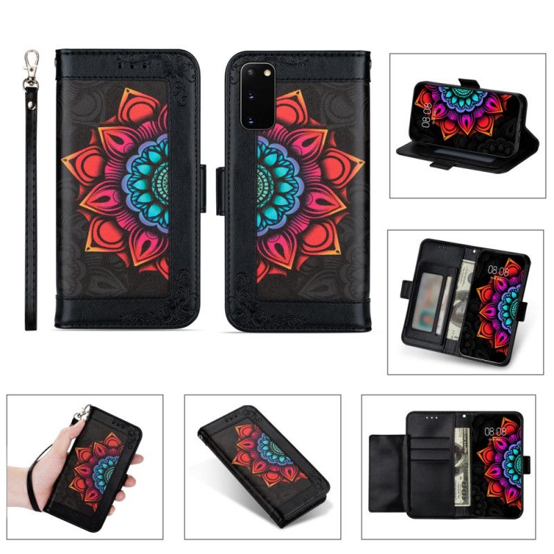 Leren Hoesje voor Samsung Galaxy S20 FE Wit Zwart Mandala-Versiering Met String