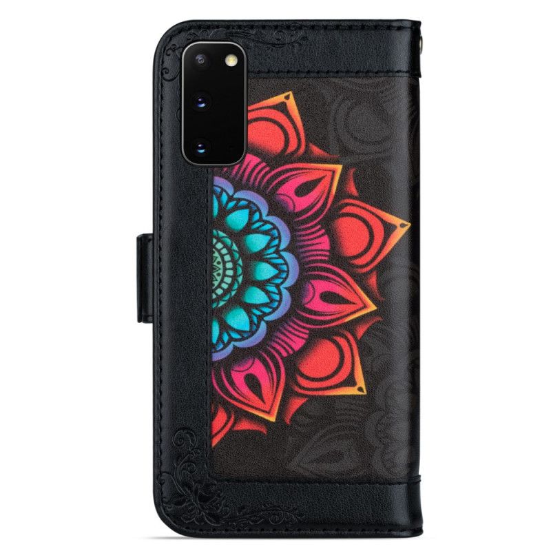 Leren Hoesje voor Samsung Galaxy S20 FE Wit Zwart Mandala-Versiering Met String