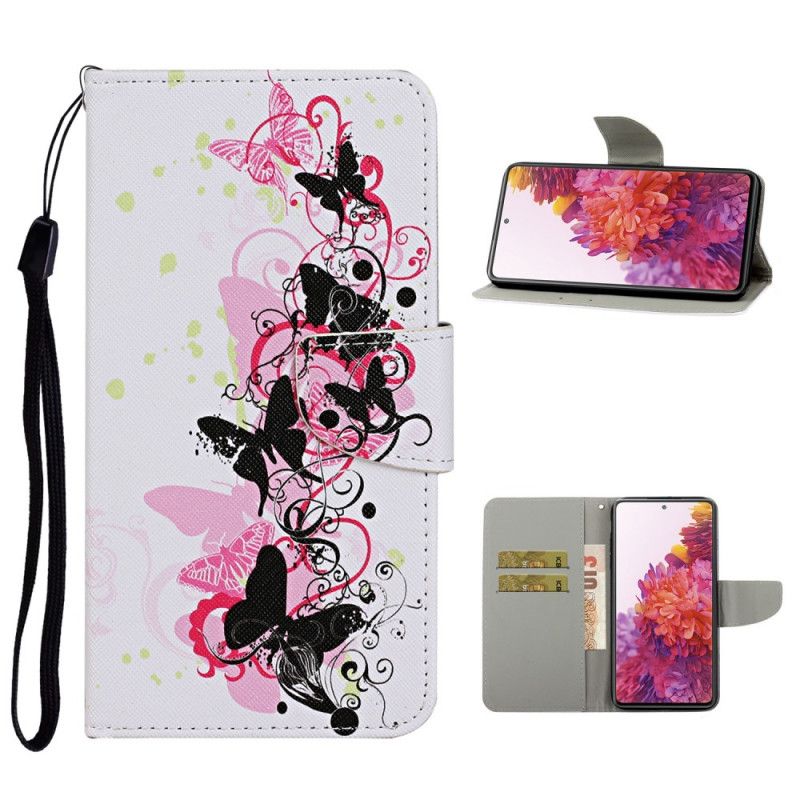 Leren Hoesje voor Samsung Galaxy S20 FE Wit Zwart Vlinders En String