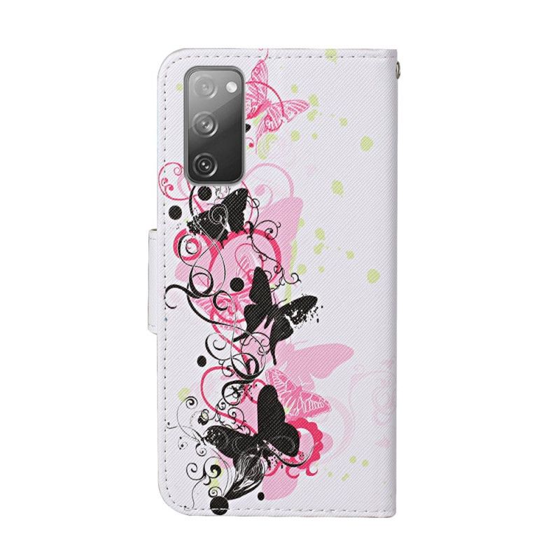 Leren Hoesje voor Samsung Galaxy S20 FE Wit Zwart Vlinders En String