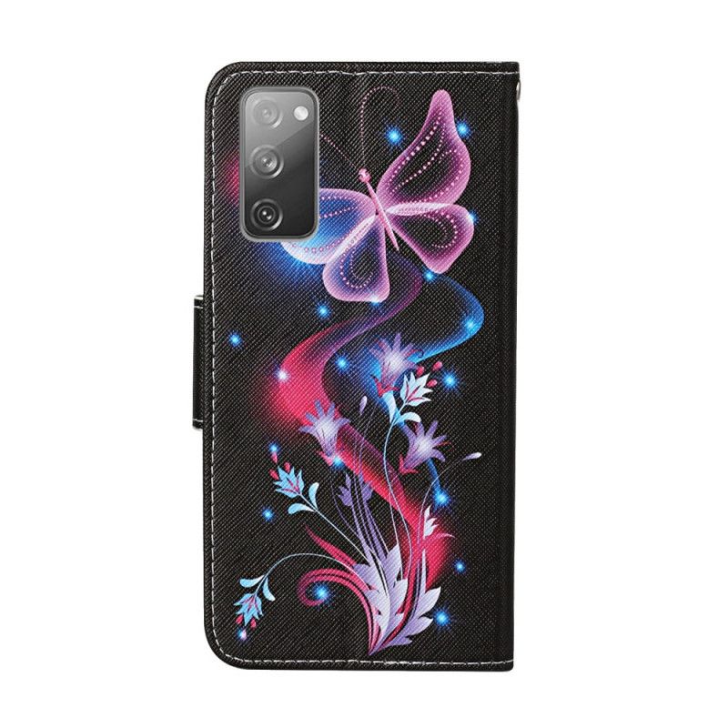 Leren Hoesje voor Samsung Galaxy S20 FE Wit Zwart Vlinders En String