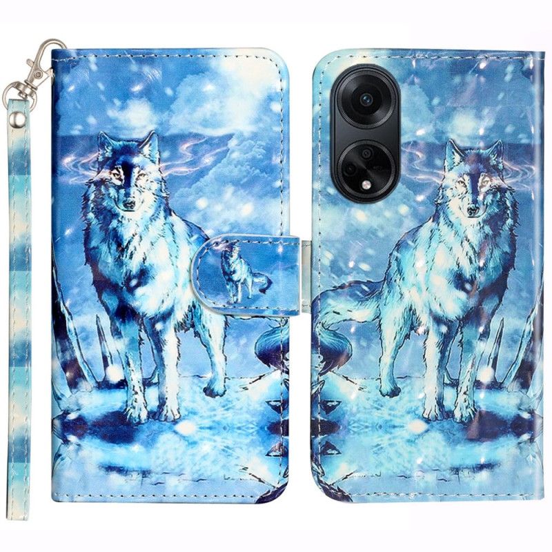 Flip Case Leren Oppo A98 5g 3d Sneeuwwolf Met Riem