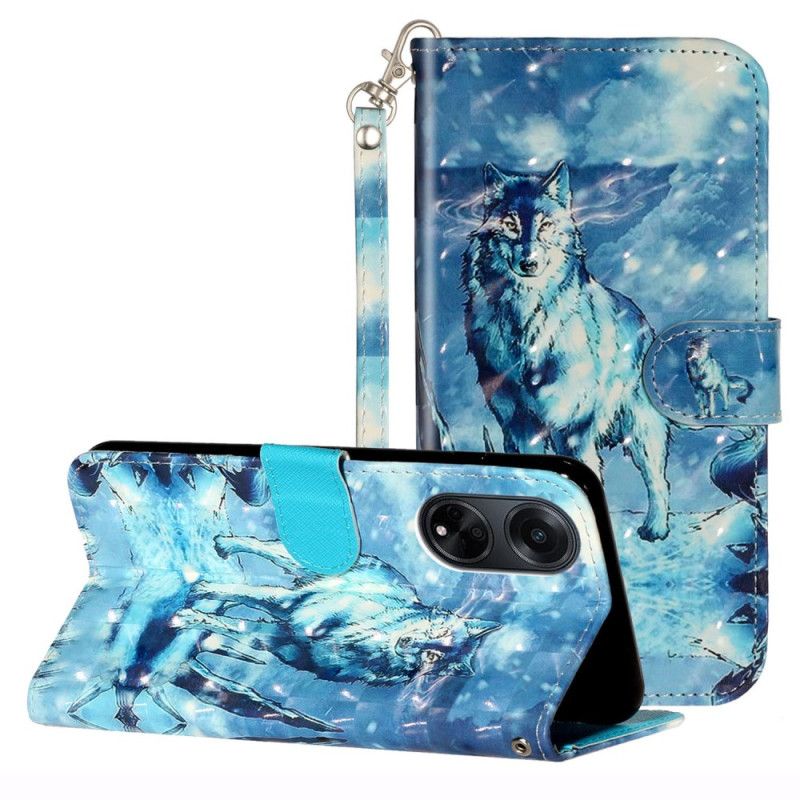 Flip Case Leren Oppo A98 5g 3d Sneeuwwolf Met Riem