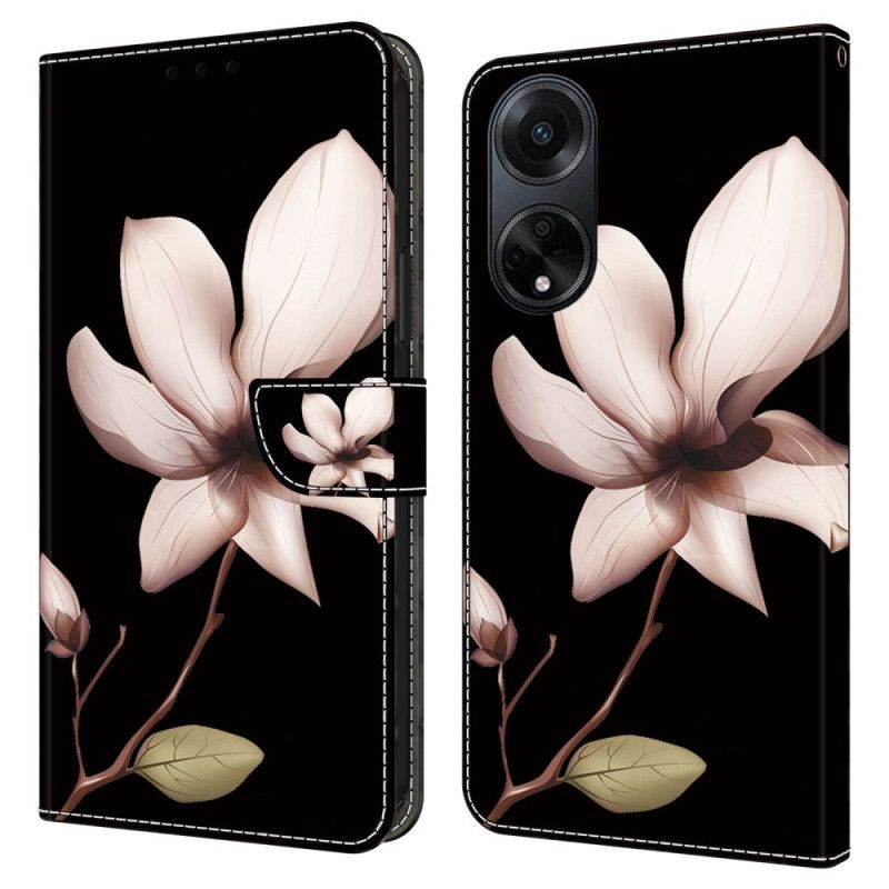 Folio-hoesje Oppo A98 5g Telefoonhoesje Roze Bloem Op Zwarte Achtergrond