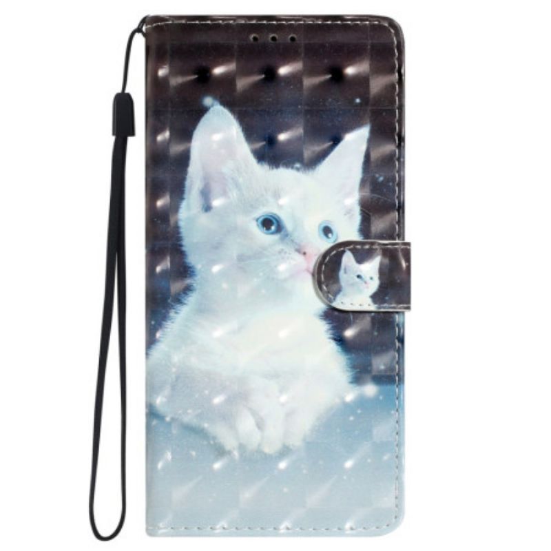 Leren Hoesje Oppo A98 5g 3d Witte Kat Met Riem Bescherming Hoesje