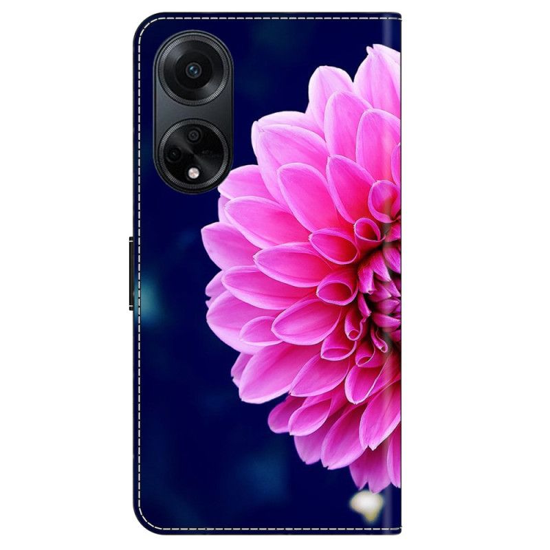 Leren Hoesje Oppo A98 5g Roze Bloemen Op Blauwe Achtergrond